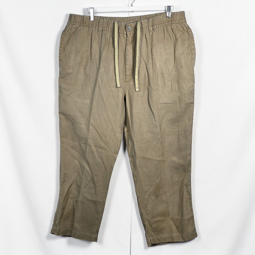 Caribbean Mens 100% Linen Pants Tan Khaki Elastic Drawstring Casual 40x32 (26.5)